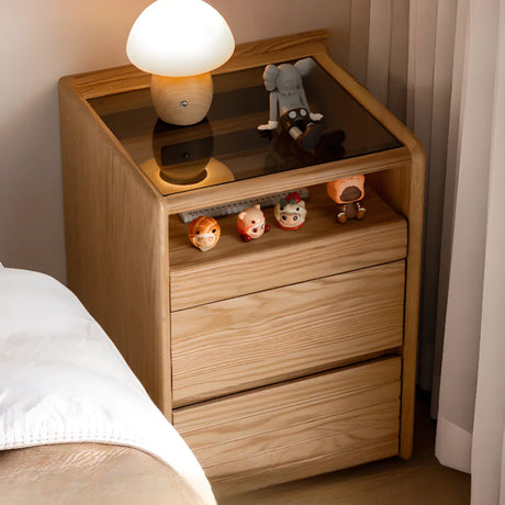 Scandinavian Glass Top Wood Nightstand with Drawers and Shelf Image - 1
