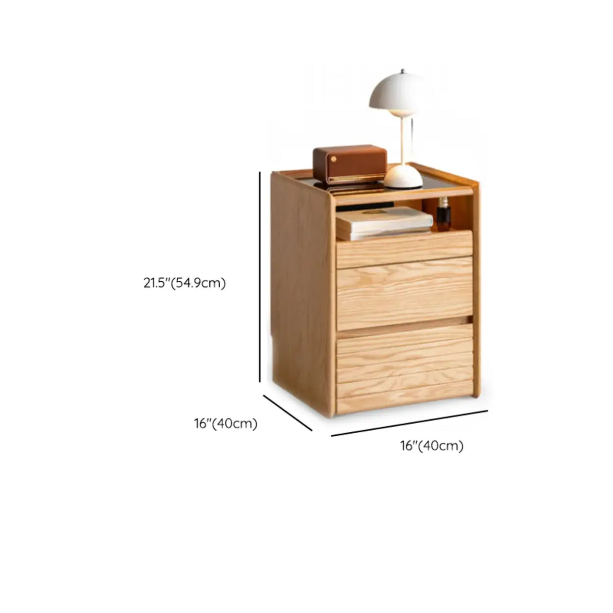 Scandinavian Glass Top Wood Nightstand with Drawers and Shelf Image - 12