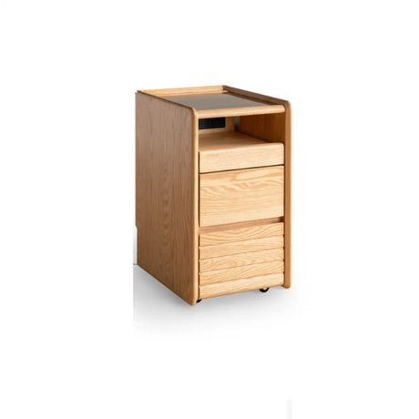 Scandinavian Glass Top Wood Nightstand with Drawers and Shelf Image - 2