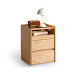 Scandinavian Glass Top Wood Nightstand with Drawers and Shelf Image - 3
