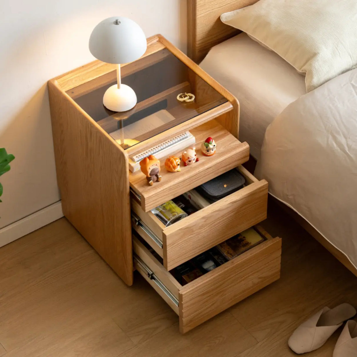 Scandinavian Glass Top Wood Nightstand with Drawers and Shelf Image - 4