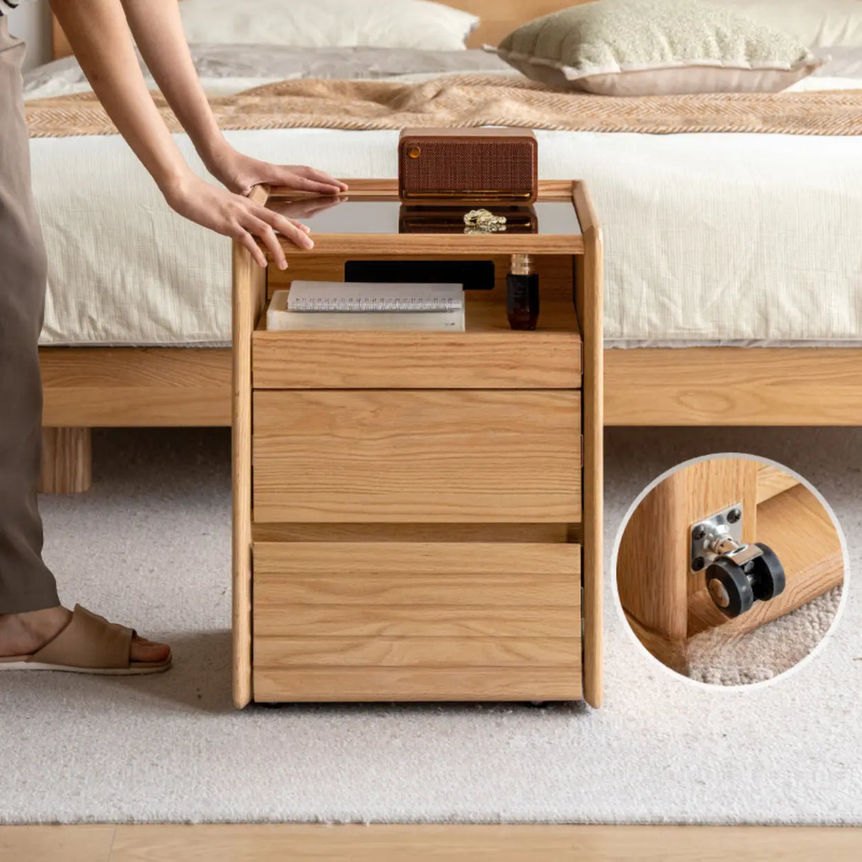 Scandinavian Glass Top Wood Nightstand with Drawers and Shelf Image - 5