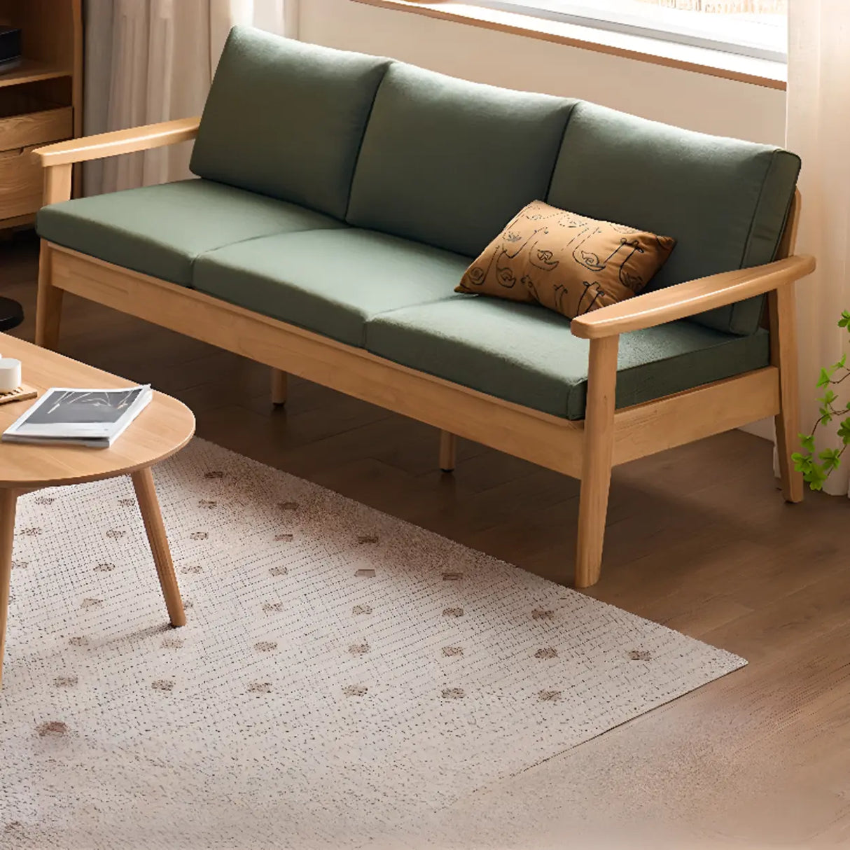 Scandinavian Green Imitation Linen Wood Frame Sofa Image - 1