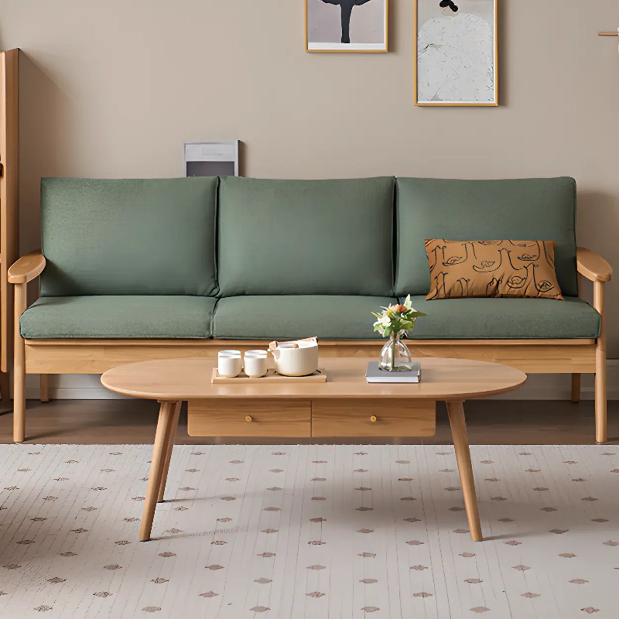 Scandinavian Green Imitation Linen Wood Frame Sofa Image - 4