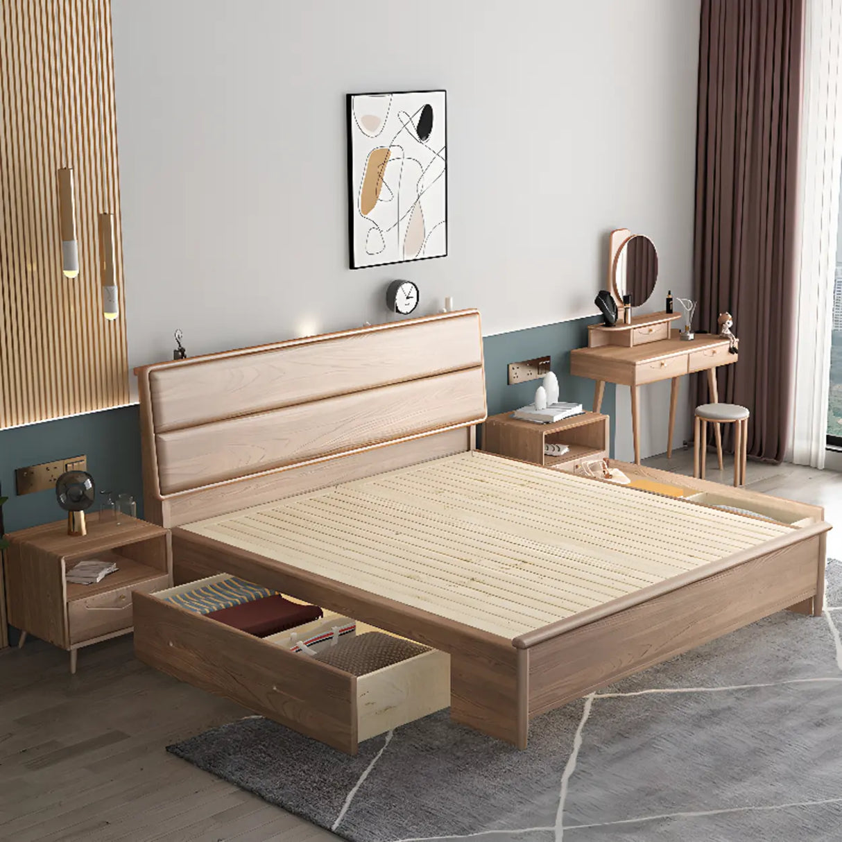 Scandinavian Headboard Wooden Storage Bed with Shelves Image - 12