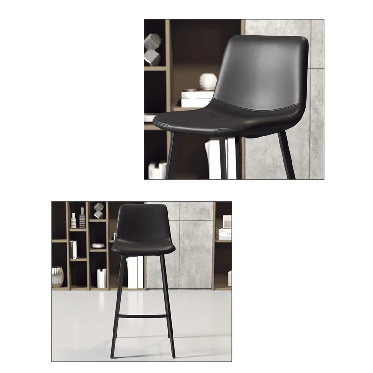 Black leather bar stool close-up showing the stitched saddle seat, low back and front footrest