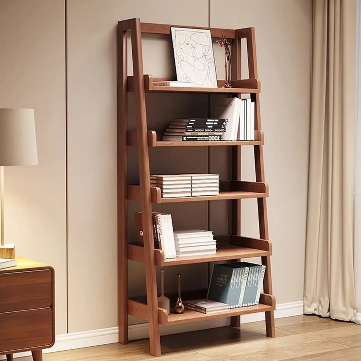 Scandinavian Mimimalist Wood Ladder Vertical Bookshelf Rack Image - 11
