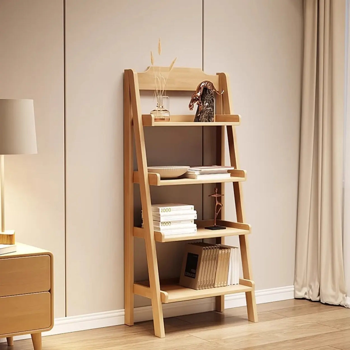 Scandinavian Mimimalist Wood Ladder Vertical Bookshelf Rack Image - 3