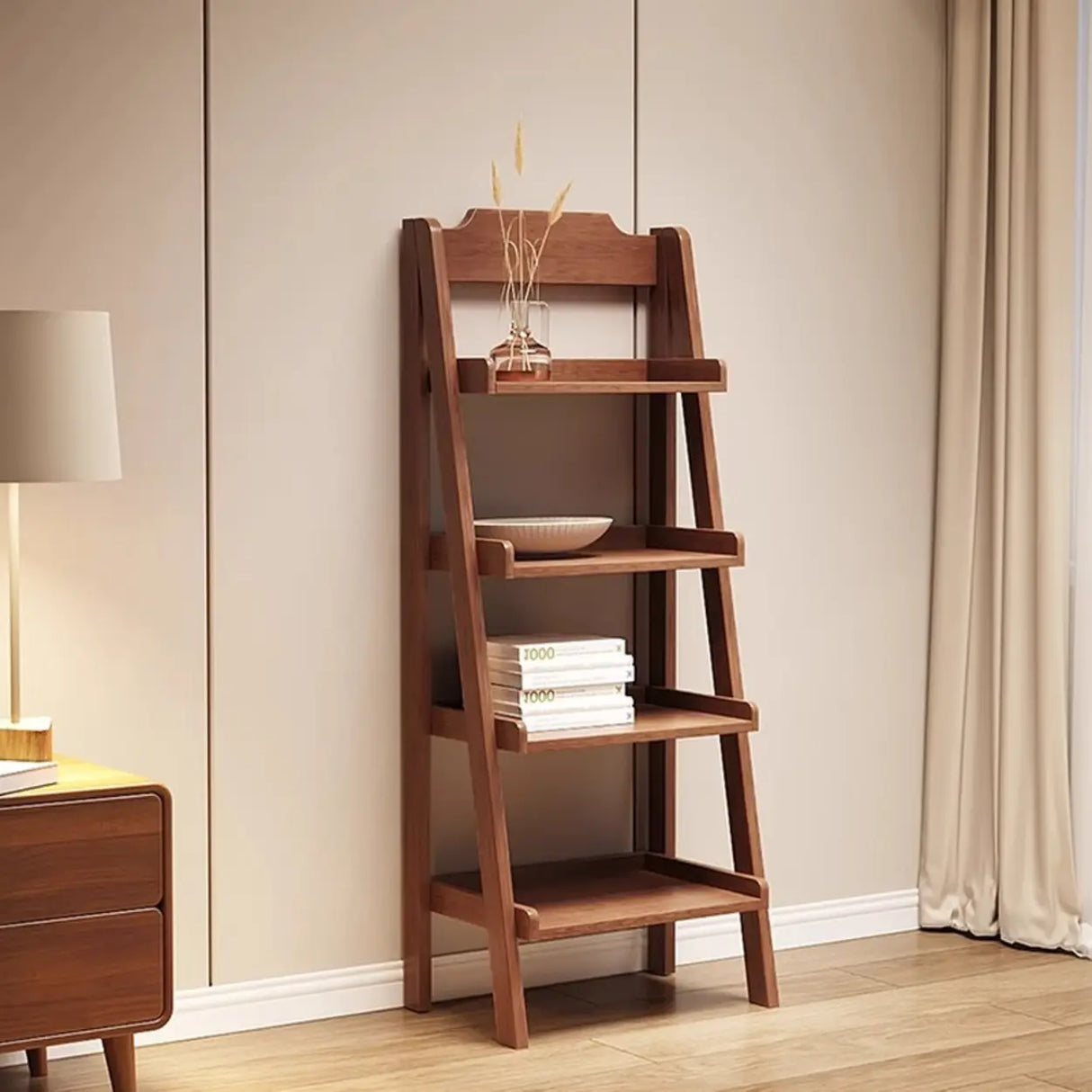 Scandinavian Mimimalist Wood Ladder Vertical Bookshelf Rack Image - 7