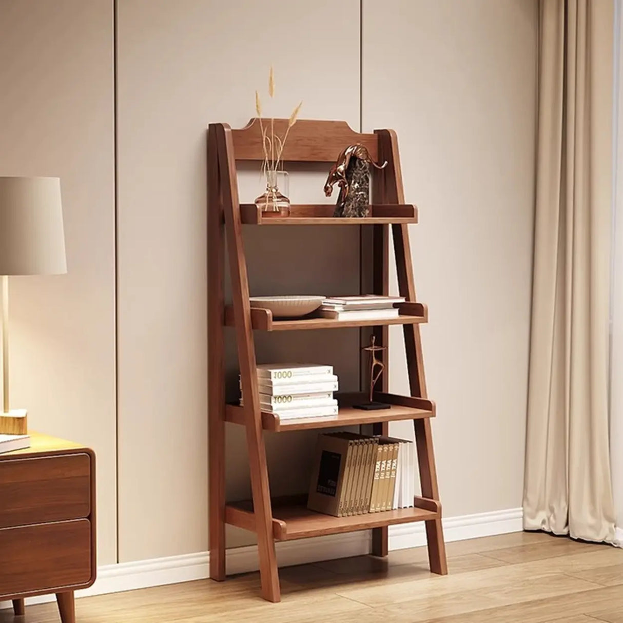 Scandinavian Mimimalist Wood Ladder Vertical Bookshelf Rack Image - 9