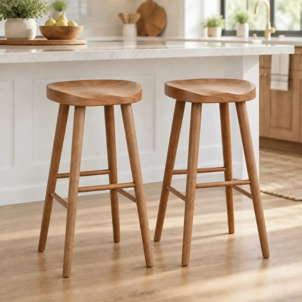 Scandinavian Minimalist Brown Wood Bar Stool with Footrest Image - 1
