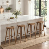 Scandinavian Minimalist Brown Wood Bar Stool with Footrest Image - 4