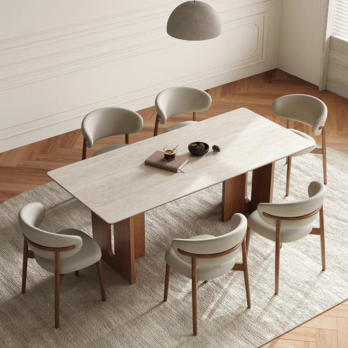 Scandinavian Minimalist Rectangle Beige Stone Top Dining Table Image - 1
