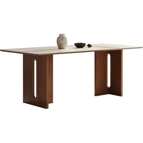 Scandinavian Minimalist Rectangle Beige Stone Top Dining Table Image - 2