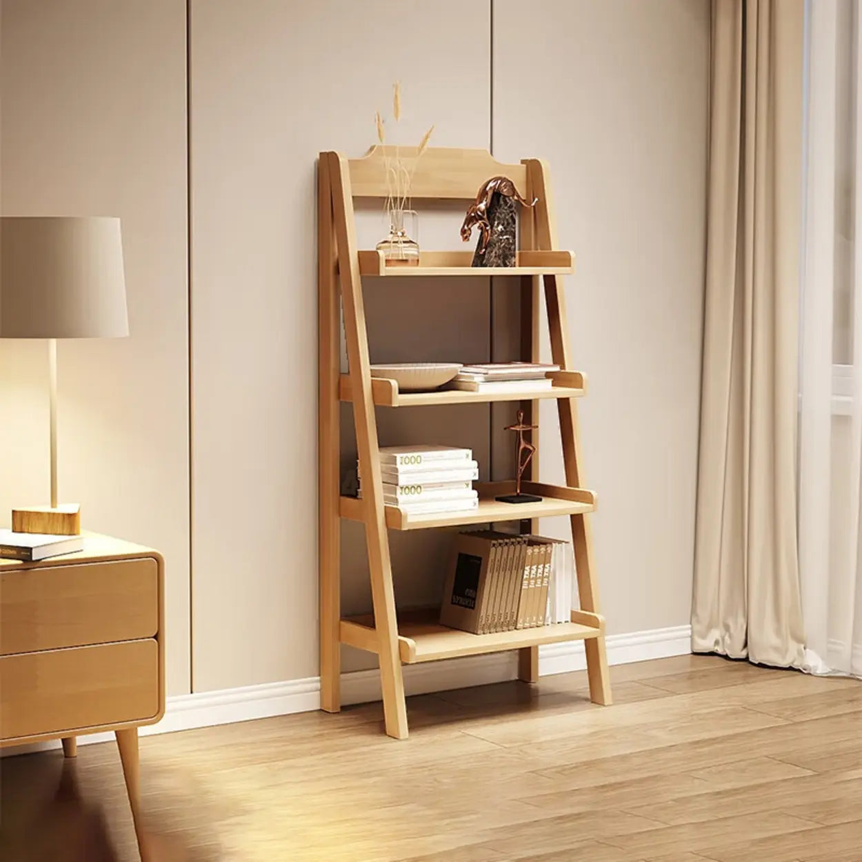 Scandinavian Narrow Ladder Vertical Corner Wood Bookshelf Image - 2