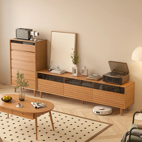 Scandinavian Natural Finish Cherry Drawers TV Stand Image - 2
