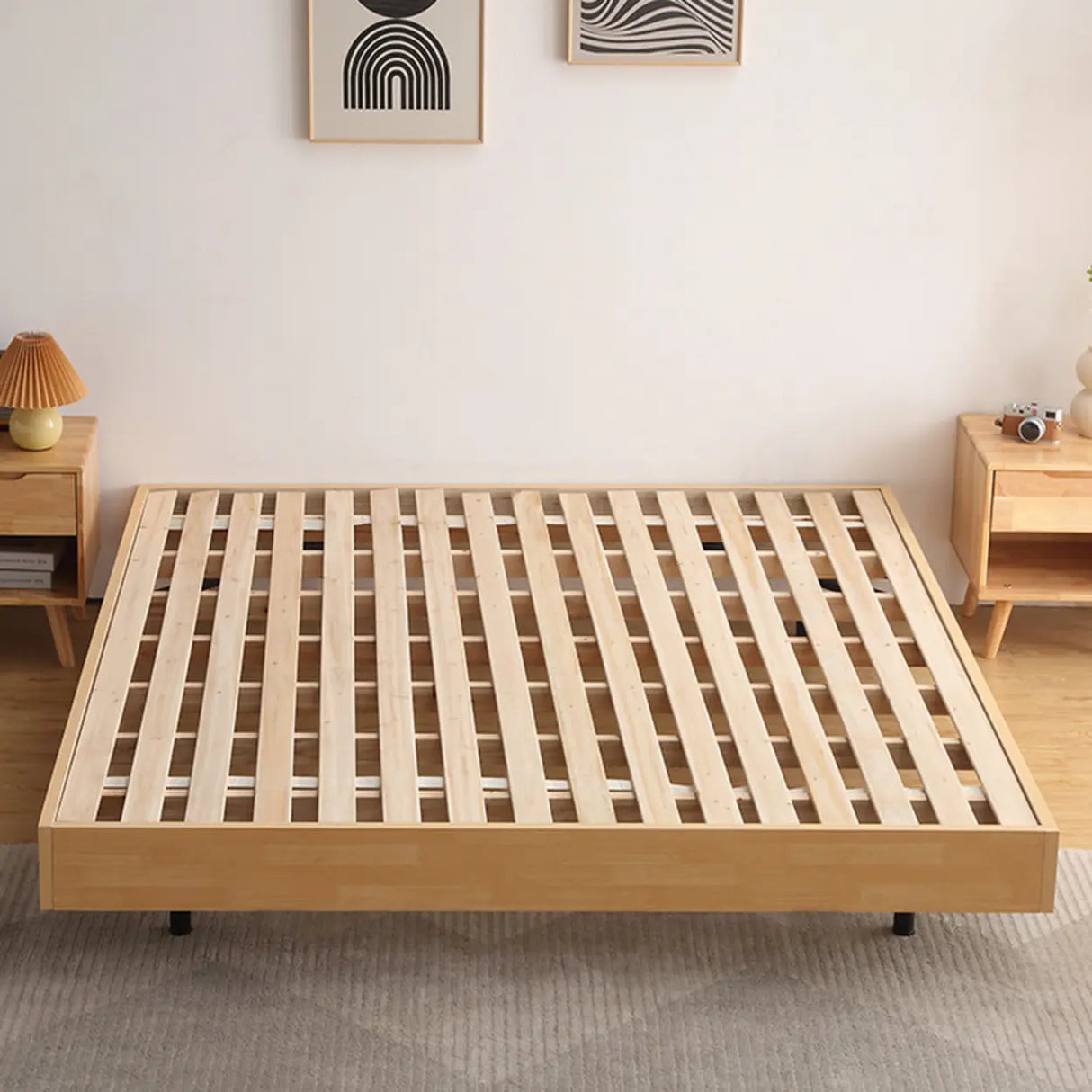 Scandinavian Natural Finish Queen Wood Panel Bed Frame Image - 3