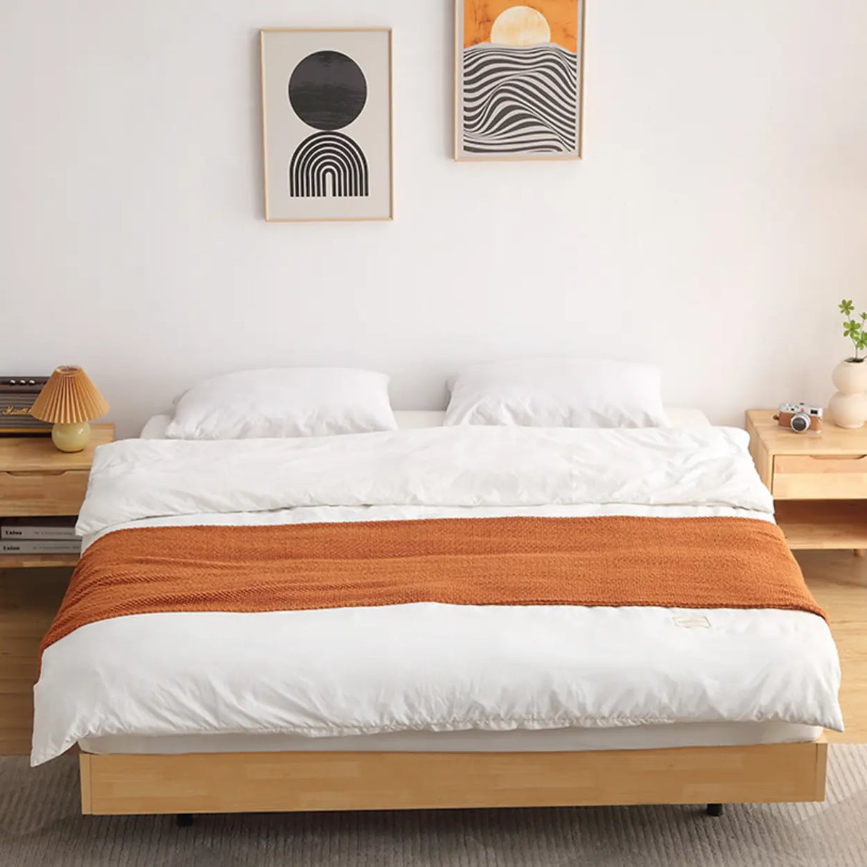 Scandinavian Natural Finish Queen Wood Panel Bed Frame Image - 4