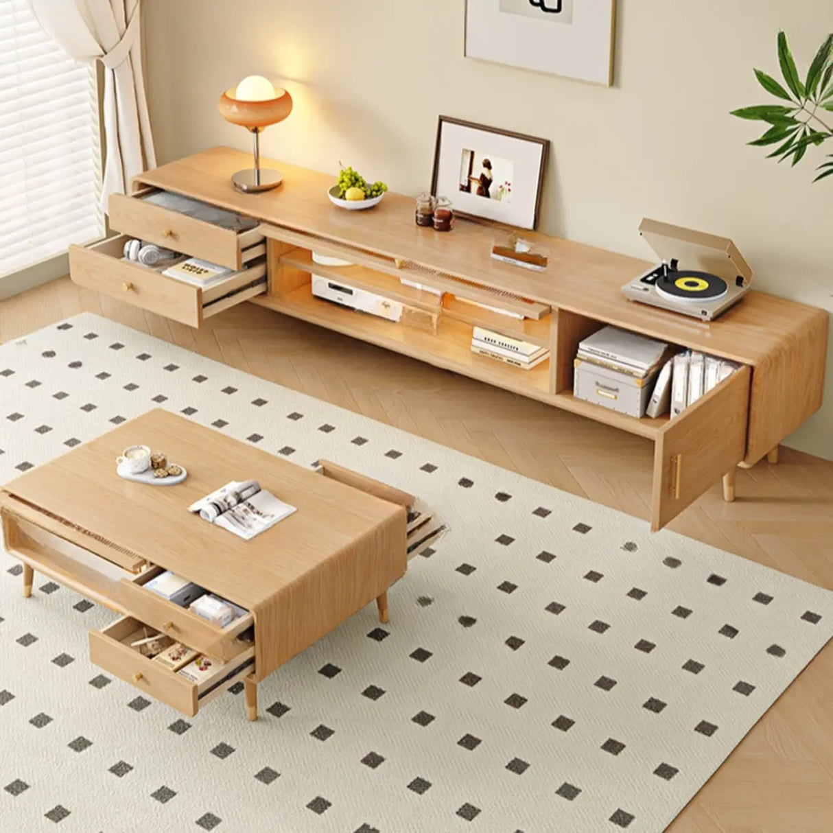 Scandinavian Natural Wood Cabinet Drawers TV Stand Image - 7
