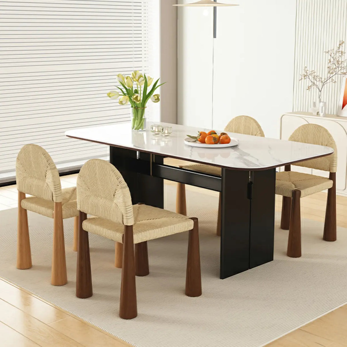 Scandinavian Natural Wood Low Back Woven Dining Chairs Image - 1