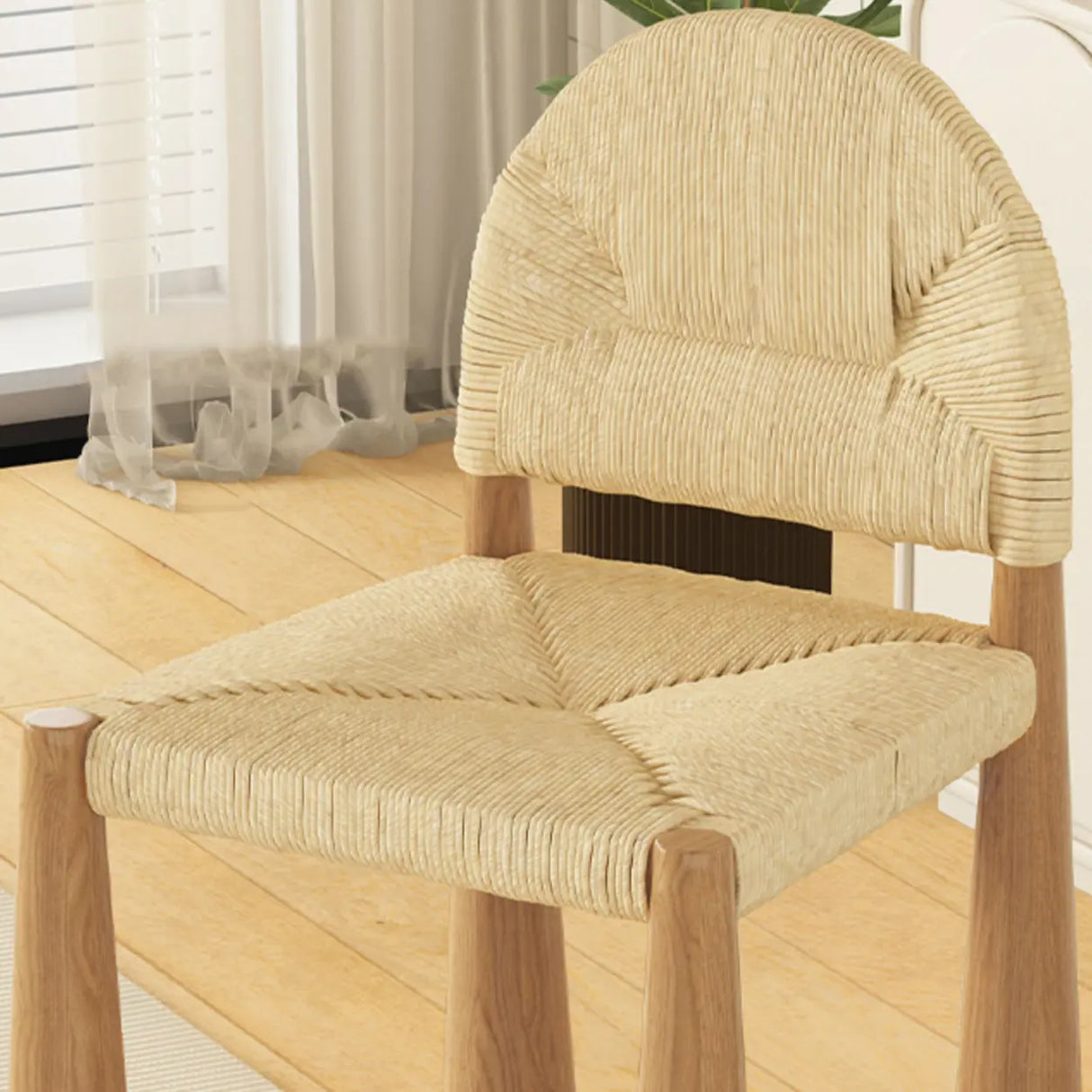 Scandinavian Natural Wood Low Back Woven Dining Chairs Image - 9
