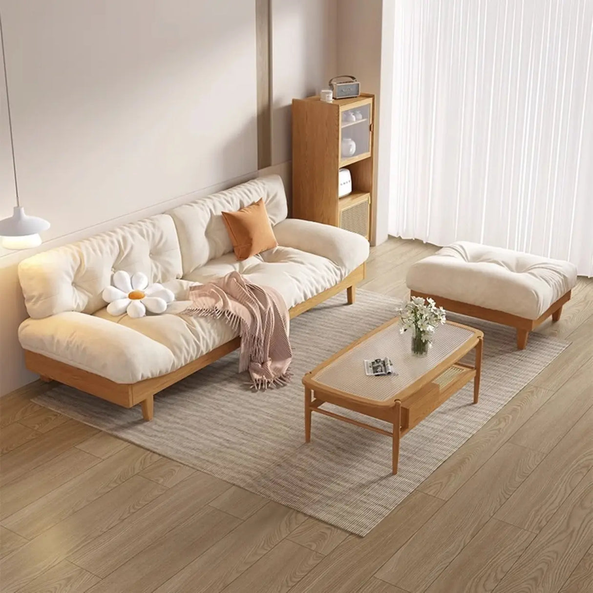 Scandinavian Off-White Cotton Ash Wood Frame Sofa Image - 1