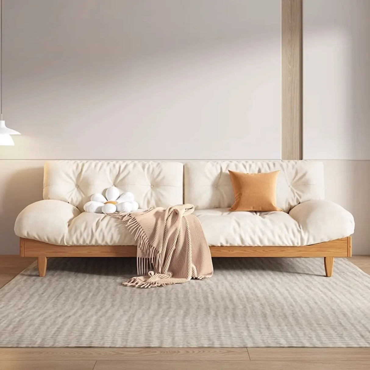 Scandinavian Off-White Cotton Ash Wood Frame Sofa Image - 2