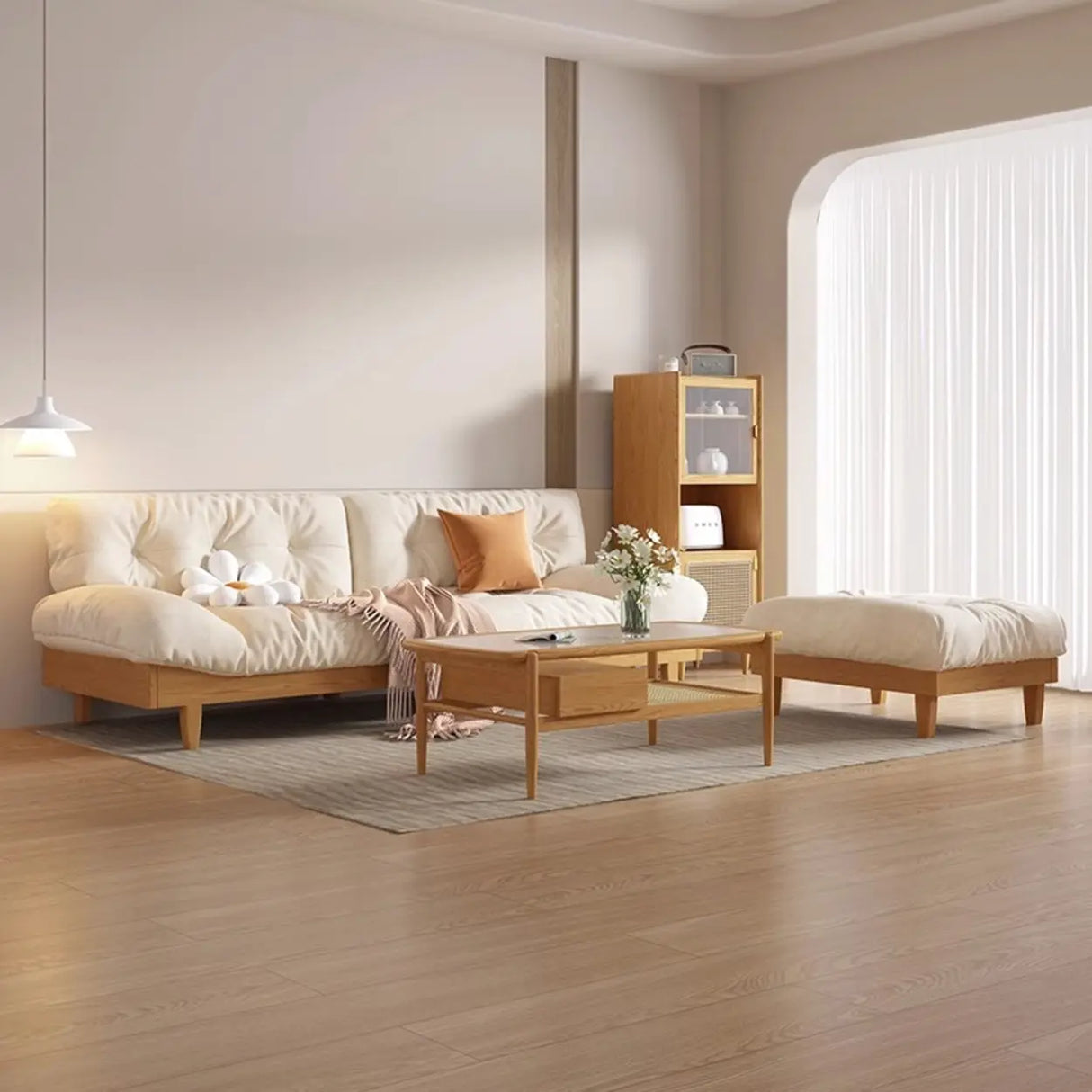 Scandinavian Off-White Cotton Ash Wood Frame Sofa Image - 3