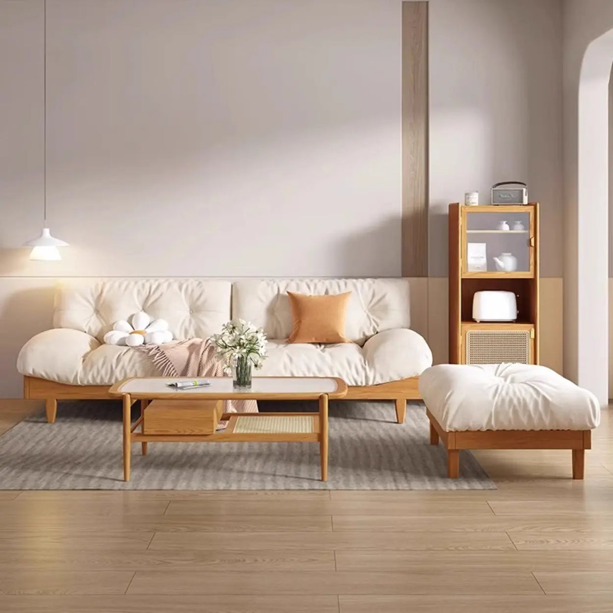 Scandinavian Off-White Cotton Ash Wood Frame Sofa Image - 4