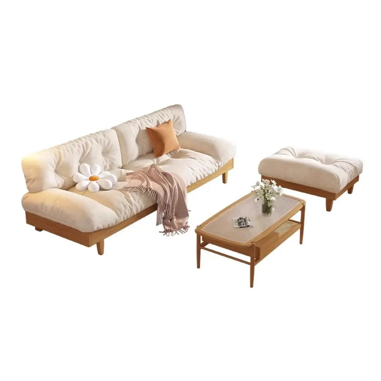 Scandinavian Off-White Cotton Ash Wood Frame Sofa Image - 5