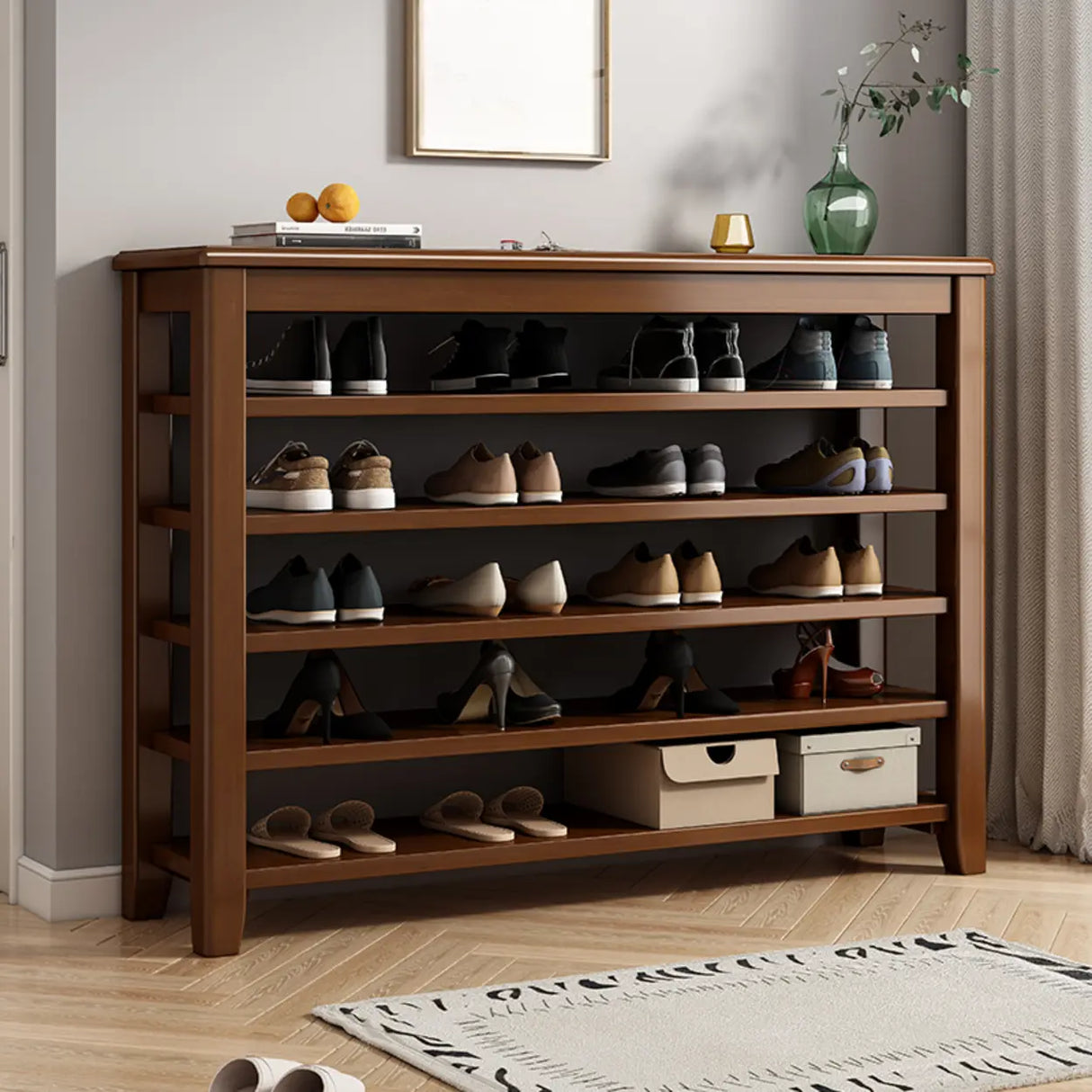 Scandinavian Open Wood Hallway Large Shoe Rack Storage Image - 4