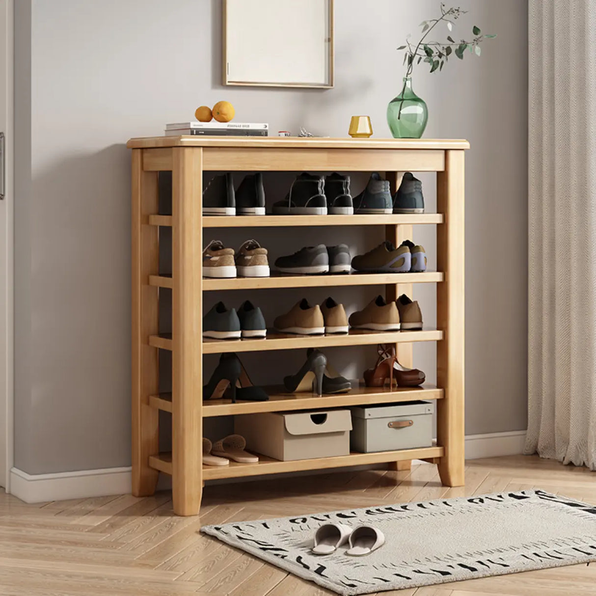 Scandinavian Open Wood Hallway Large Shoe Rack Storage Image - 6