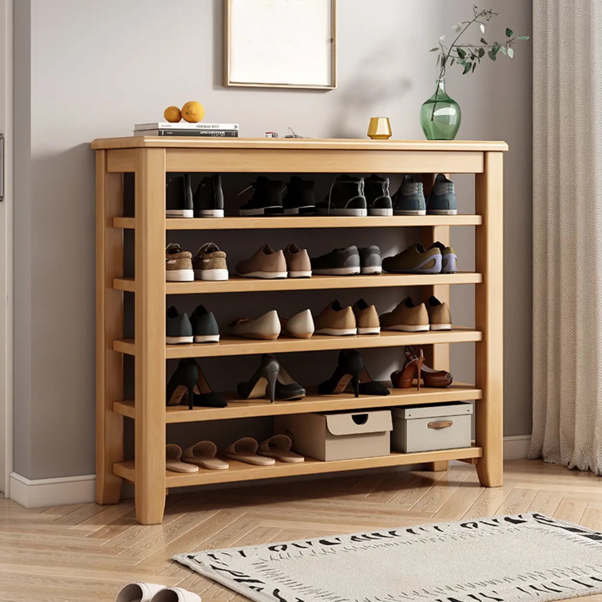 Scandinavian Open Wood Hallway Large Shoe Rack Storage Image - 8