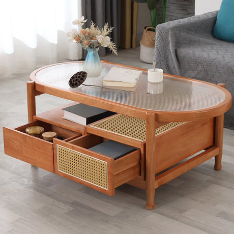 Scandinavian Oval Glass Top Shelf Drawers Coffee Table Image - 1