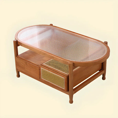 Scandinavian Oval Glass Top Shelf Drawers Coffee Table Image - 2