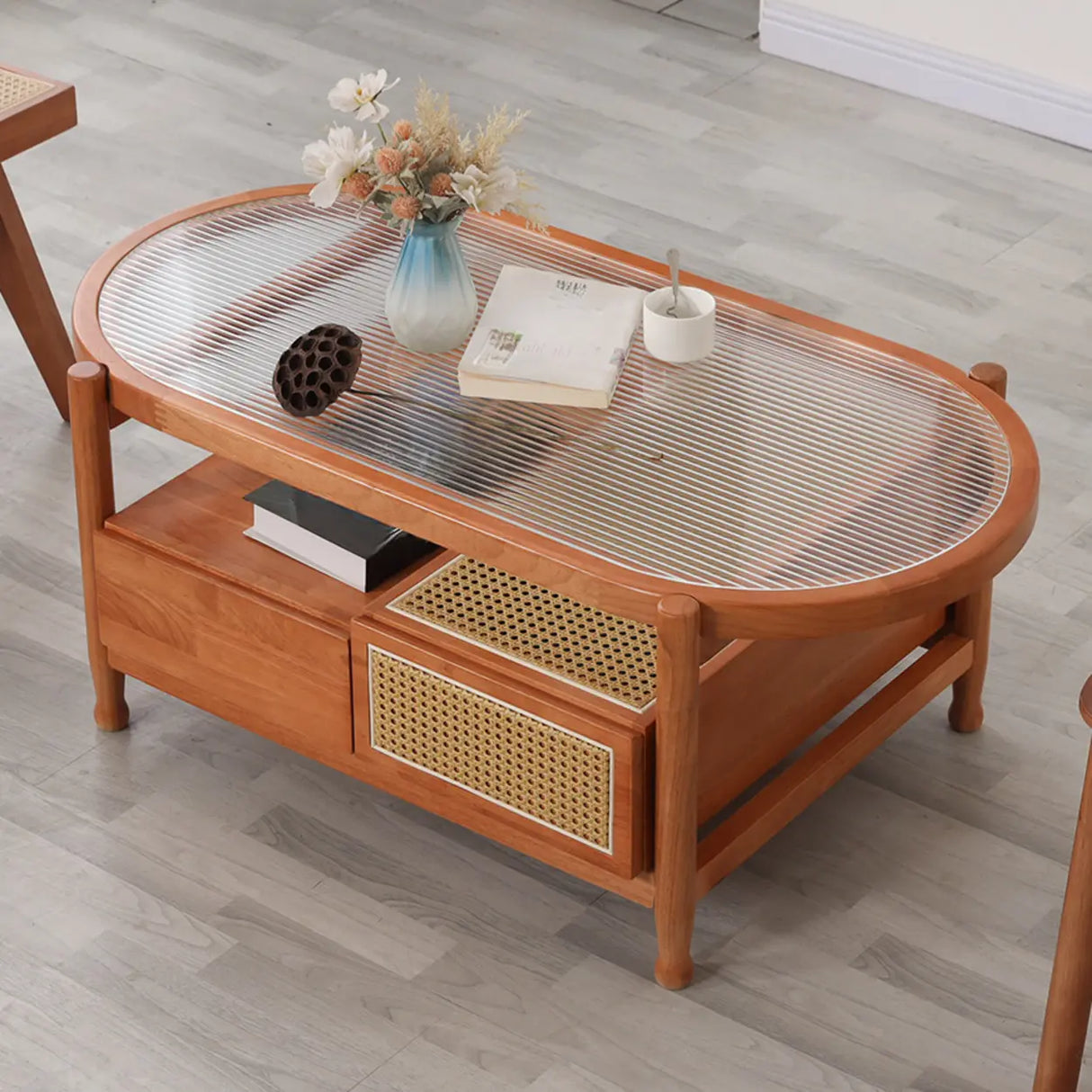 Scandinavian Oval Glass Top Shelf Drawers Coffee Table Image - 6