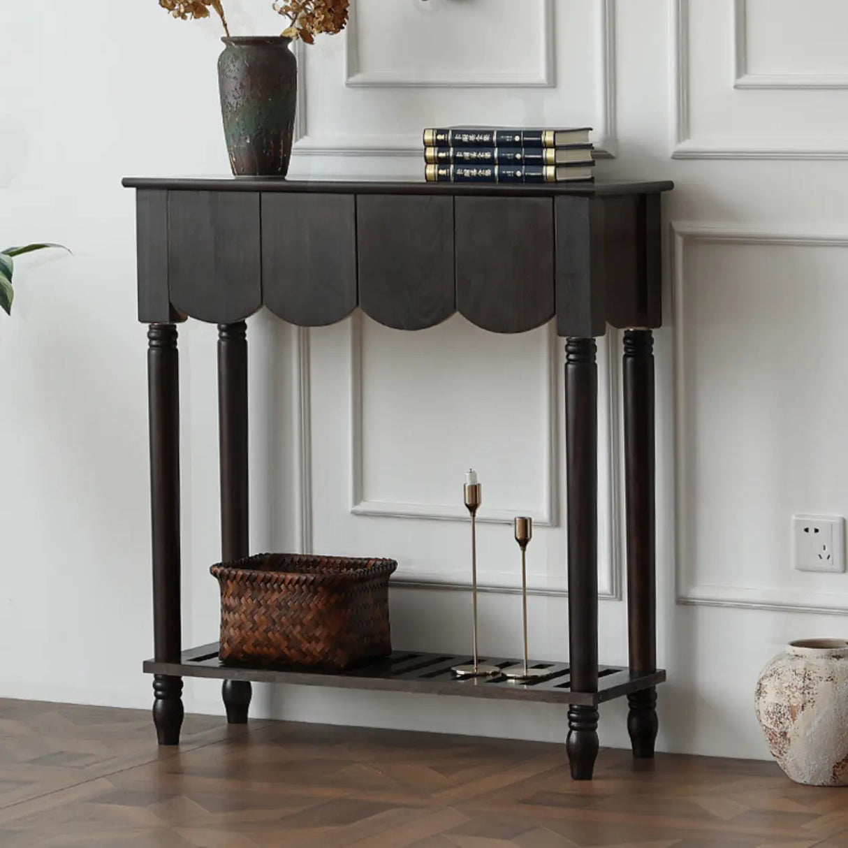 Scandinavian Rectangular Wood Console Table with Floor Shelf Image - 5