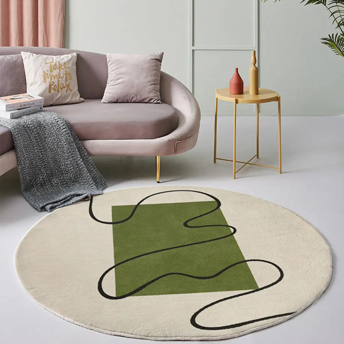 Scandinavian Round Imitation Wool Green Neutral Area Rug Image - 2