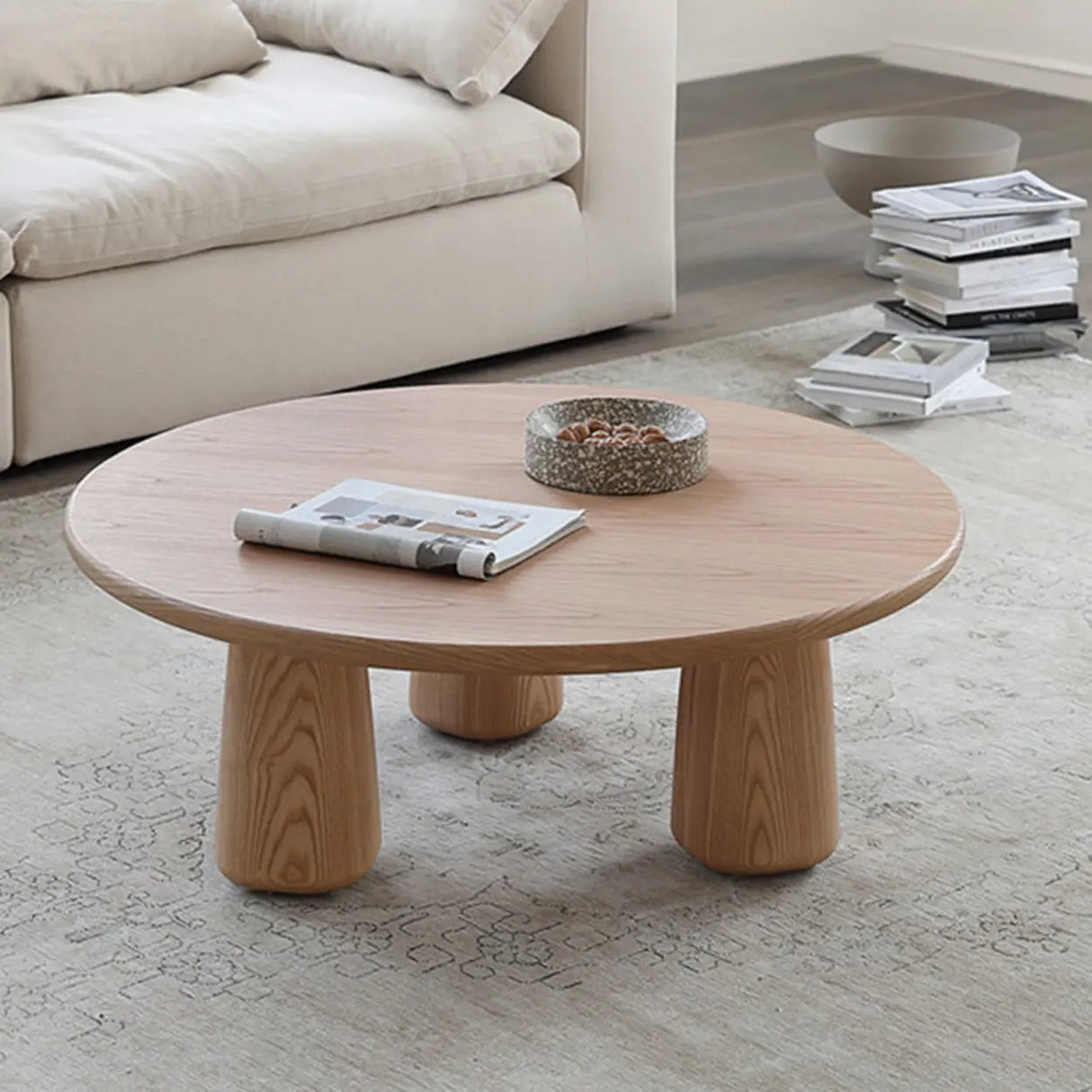 Scandinavian Round Natural Wood 3 Leg Coffee Table Image - 4