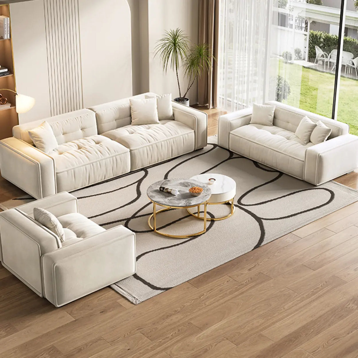 Scandinavian Sherpa Fabric Square Arm Tufted Back Sofa Image - 1