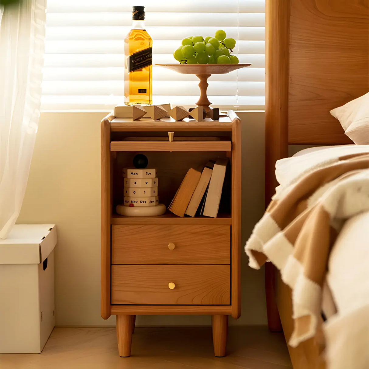 Scandinavian Slim Wood Nightstand with Drawers and Glass Door Image - 3