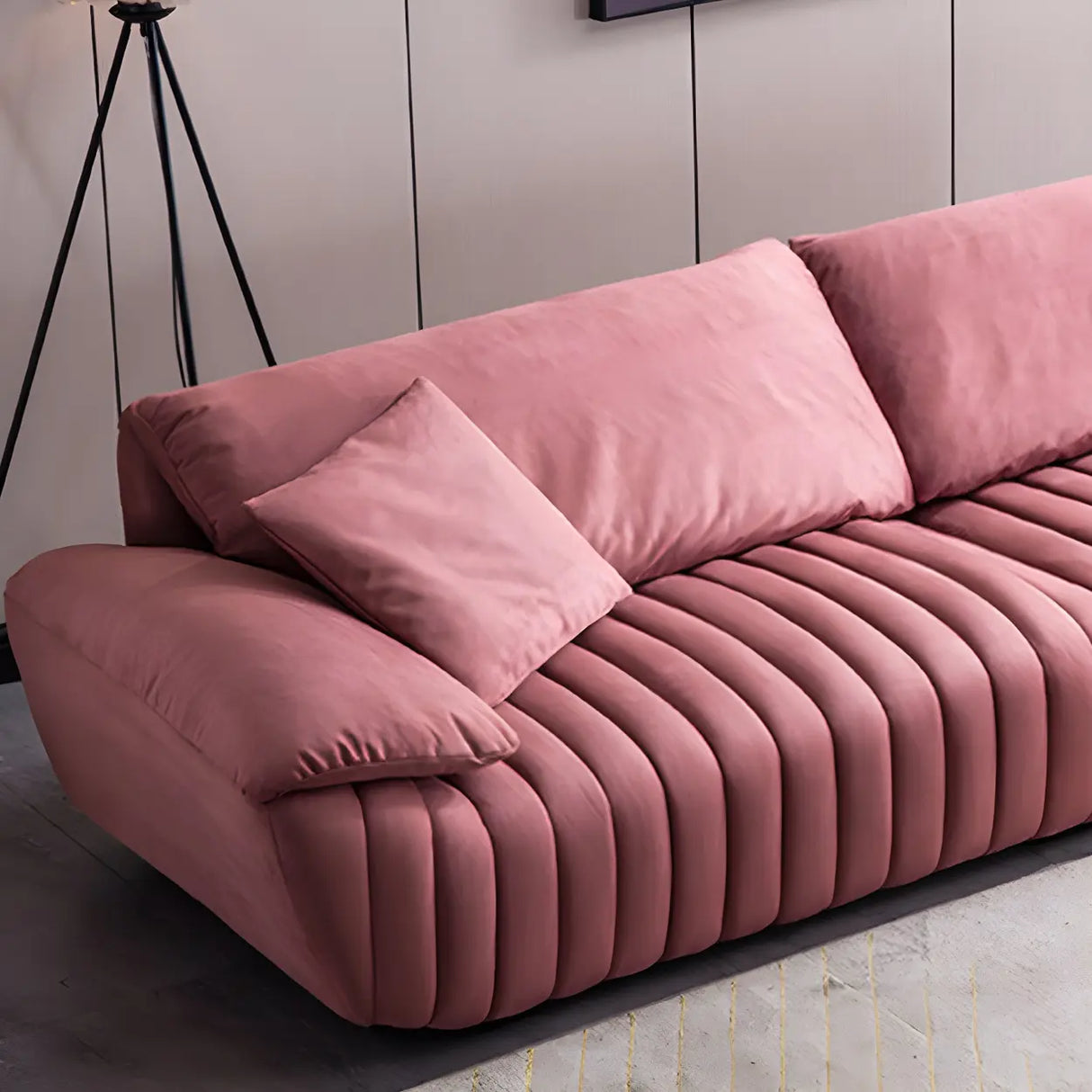 Scandinavian Stain Resistant Leather Pink Cushion Back Sofa Image - 10