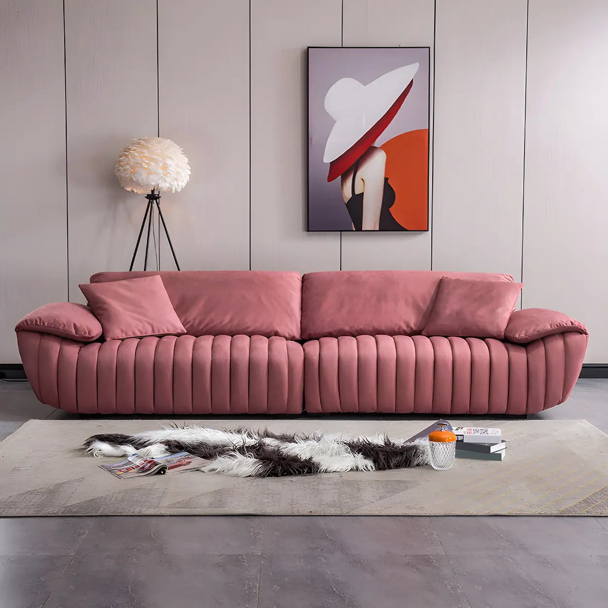 Scandinavian Stain Resistant Leather Pink Cushion Back Sofa Image - 1