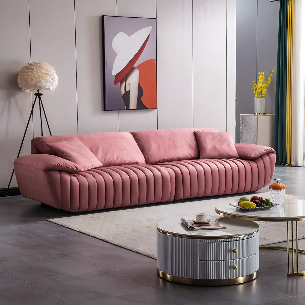 Scandinavian Stain Resistant Leather Pink Cushion Back Sofa Image - 2