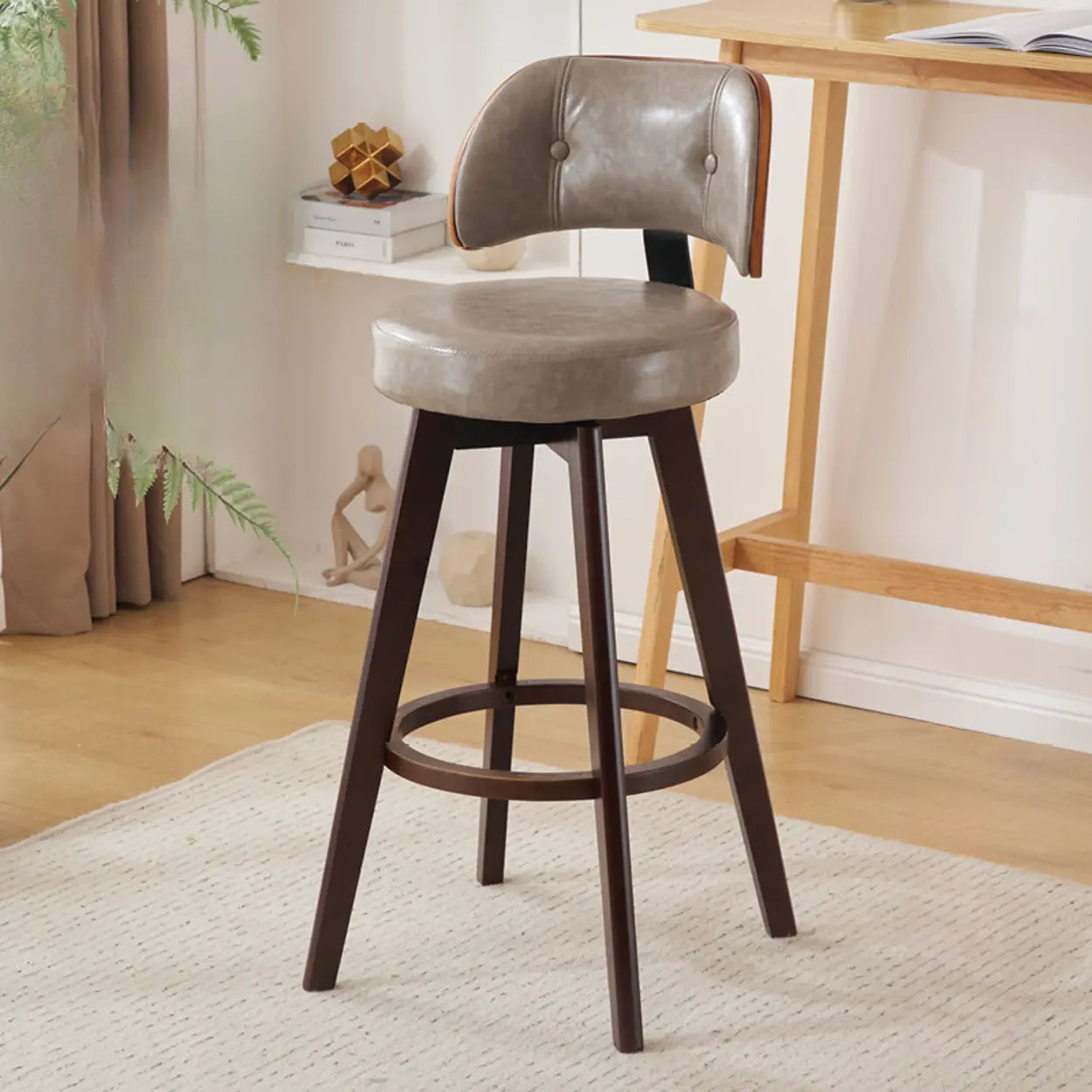 Scandinavian Swivel Wood Low Back Leather Padded Bar Stool Image - 12
