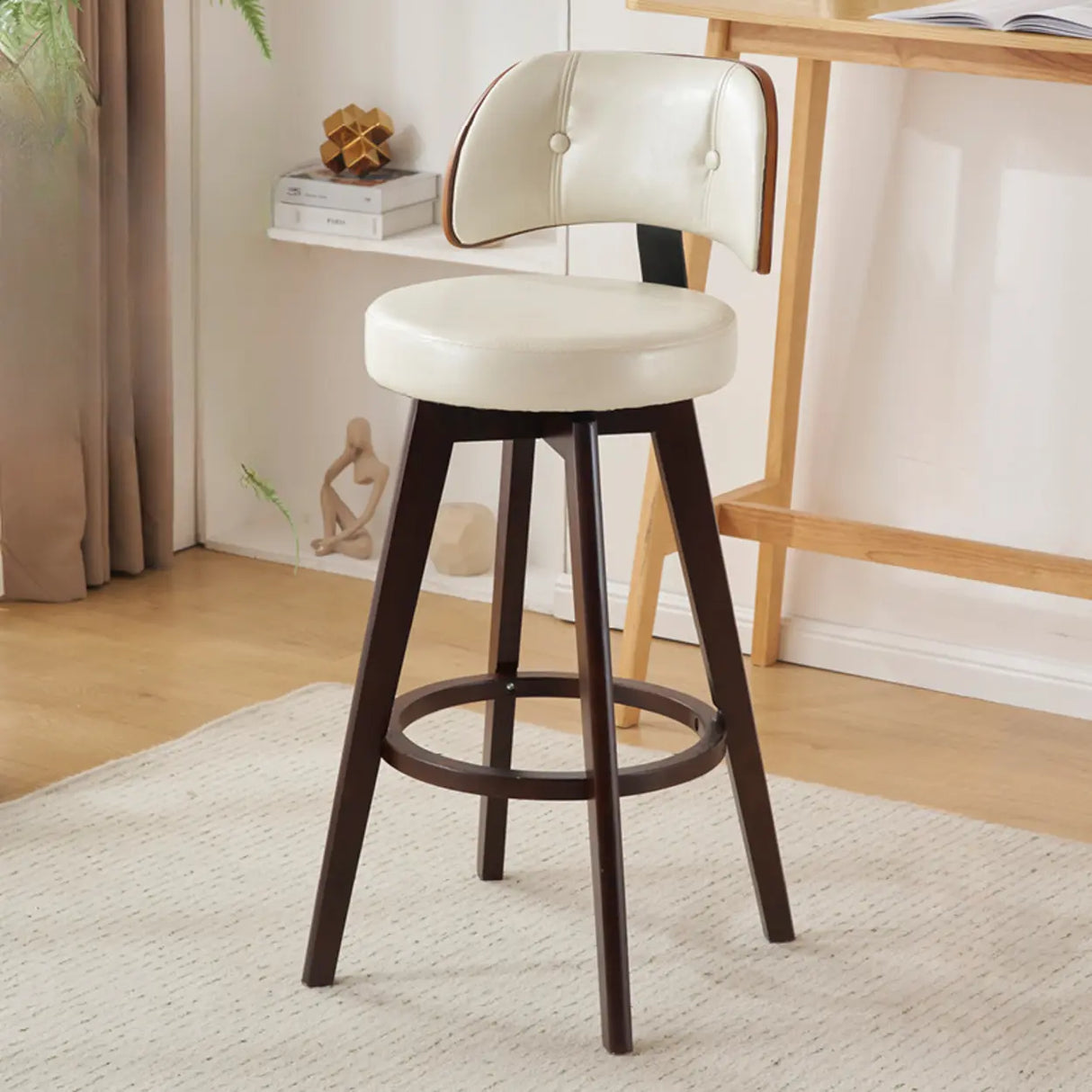 Scandinavian Swivel Wood Low Back Leather Padded Bar Stool Image - 14