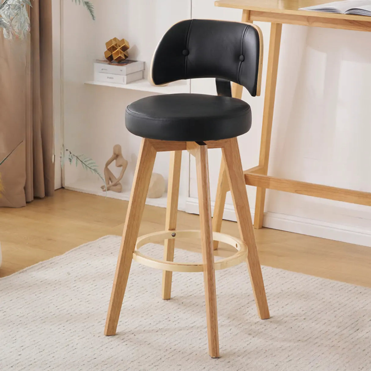 Scandinavian Swivel Wood Low Back Leather Padded Bar Stool Image - 18