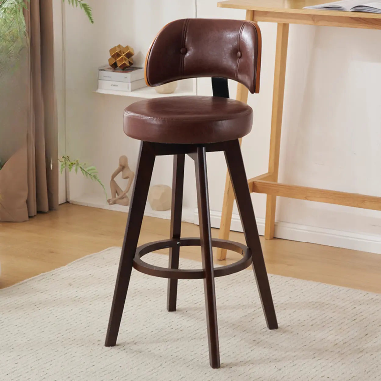 Scandinavian Swivel Wood Low Back Leather Padded Bar Stool Image - 20