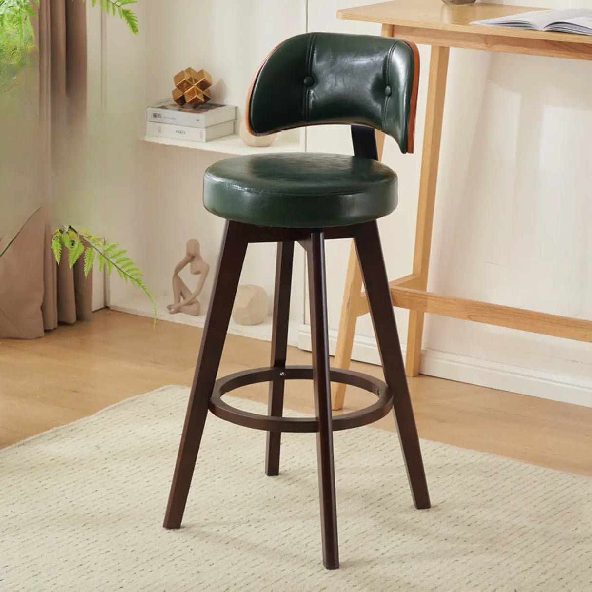 Scandinavian Swivel Wood Low Back Leather Padded Bar Stool Image - 21