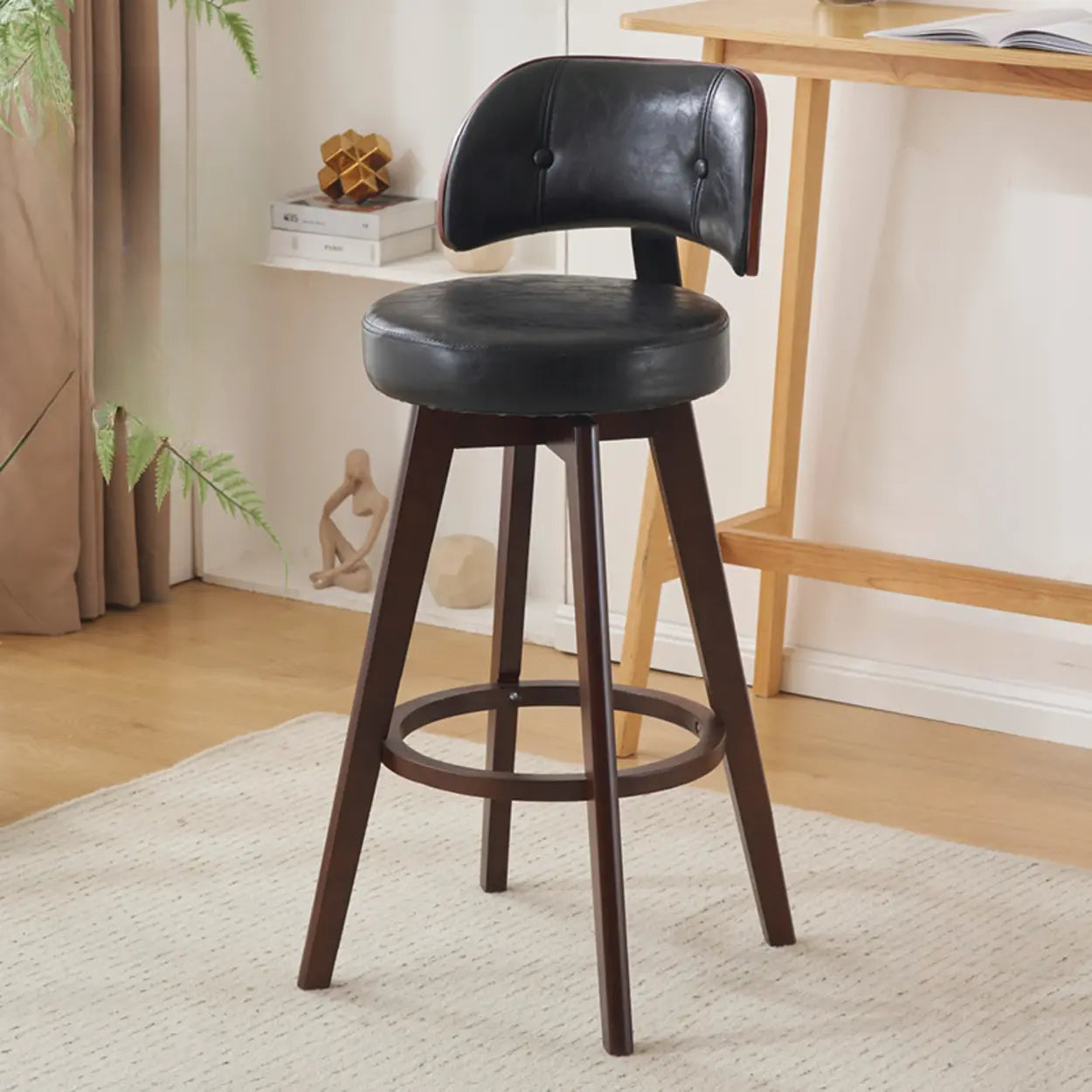Scandinavian Swivel Wood Low Back Leather Padded Bar Stool Image - 22